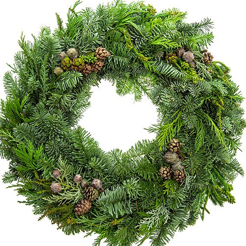 Holiday Wreath: Mixed Greens with Pinecones
